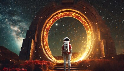 Wall Mural - astronaut stand before ancient portal ablaze with energy set against a night sky peppered with stars cosmic exploration gateway to other worlds 3d render