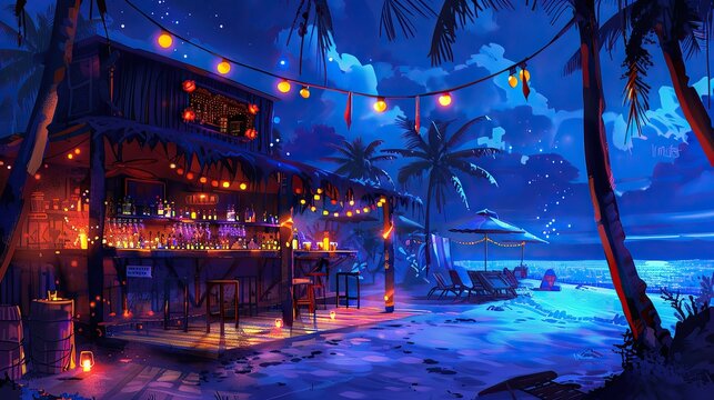 beach bar, outdoor, dance floor, light, blue light, cartoon art 