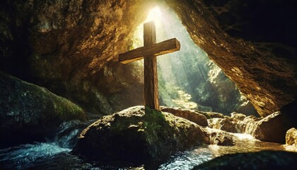 Canvas Print - wooden cross in sunlight in dark cave crucifixion and resurrection cross symbol for jesus christ is risen religion and easter concept