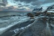 © imageBROKER - Rocky coast off Bergen, sea, spray, waves, morning mood with clouds, winter, Tungeneset, Senja, Troms, Norway, Europe