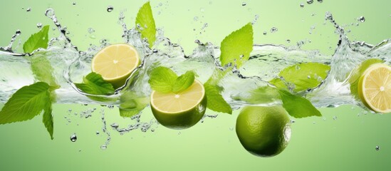 Canvas Print - Citrus leaves and limes falling into liquid stream, adding flavor to the water