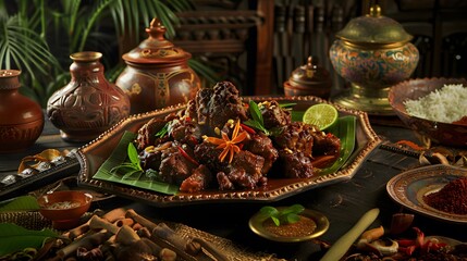 Wall Mural - Rendang - Savory Indonesian Beef Delight on Rustic Plating
