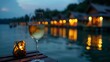 Indulge in a glass of wine while soaking in the peaceful ambiance of the floating bungalow night experience. 2d flat cartoon.