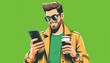 Modern Man with Smartphone and Coffee. Illustration of a stylish man holding a smartphone and coffee cup against a vibrant green background.