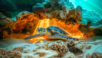 Wall Mural - Turtle in marine waters. Endangered turtle seeking to protect itself.