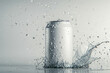 elegant white soda can mockup with dynamic water splash on grey background for product photography