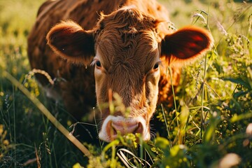 Wall Mural - Close-up of a curious cow in a field