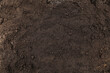 Brown dark black humus, soil ground abstract texture background with copyspace top view 