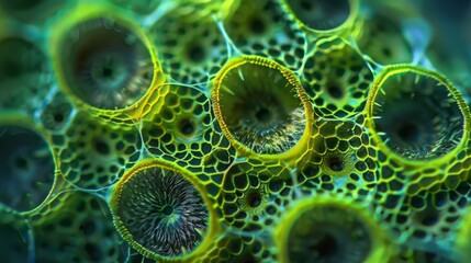 Wall Mural - An upclose image of a pollen grain showing tiny pores and grooves that seem to glow under the microscopes light.