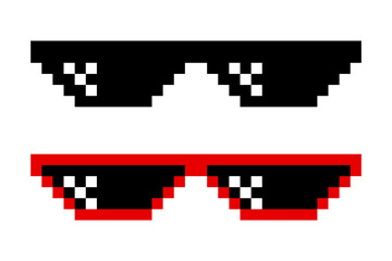 Pixelated Sunglasses Set. Pixel Boss Glasses, 8 bit Style. Meme Game 8-bit Sunglasses Design Template, Isolated