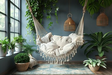 Wall Mural - hammock garden green summer furniture house wooden relaxation patio hanging home leisure pillow chair