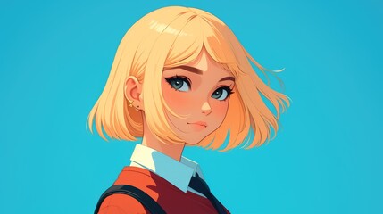 A charming 2d illustration of a schoolgirl is depicted here showcasing a scout inspired cartoon character with blonde hair This teenager is portrayed in solitude perfect for conveying conce