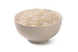 Bowl of streamed  jasmine rice on white background.
