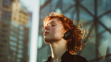 Wall Mural - Teen redhead girl in city setting with geometric building outlines looking dreamy as she walks slowly, headphones on feeling lost in thought and peaceful, styled as ethereal with soft lighting.