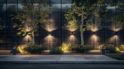 Modern building with wall scones and landscaping at night