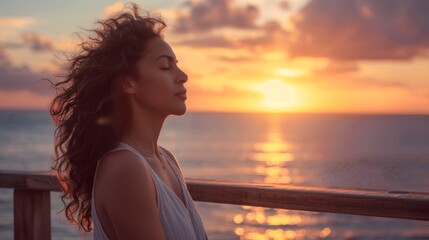 Wall Mural - Young Latin woman on a wooden balcony overlooking the sea at sunrise, in a pose of deep inhalation, feeling tranquil and connected to nature, styled as an ethereal light-filled capture.