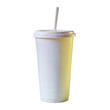 Disposable paper cup with lid and straw on transparent background