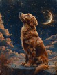 An adorable dog with golden fur looking up at the moon in the night sky. They are possibly in heaven. 