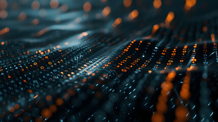 a digital rain of orange binary code cascading down a dark black background, with a sense of movement and flow of information, symbolic of the digital age. image for big data concept background