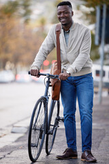 Poster - Happy, black businessman and bike for travel to work outdoor in the city with leather bag. Male person and employee with bicycle for sustainable transportation or eco friendly commute to office