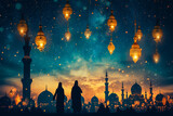 Fototapeta  - Ramadan Kareem background with prayer and Mosque dome with twilight dusk sky,Silhouette Muslim man making a supplication(salah),Vector symbolic for Islamic religion,Eid al-Adha,Eid Mubarak,Eid al fitr