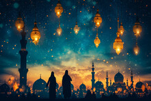 Ramadan Kareem Background With Prayer And Mosque Dome With Twilight Dusk Sky,Silhouette Muslim Man Making A Supplication(salah),Vector Symbolic For Islamic Religion,Eid Al-Adha,Eid Mubarak,Eid Al Fitr