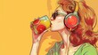 Picture of a stylish girl sipping fruit juice while using wireless headphones to listen to music