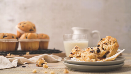 Canvas Print - Chocolate chip muffins with milk