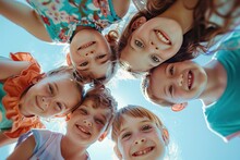 Bunch Of Cheerful Joyful Cute Little Children Playing Together And Having Fun. Happy Kids Huddling, Looking Down At Camera And Smiling. View From Below. Friendship Concept - Generative Ai