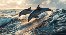 Three Dolphins Jumping Out Of The Water On Top Of An Ocean Wave, With A Beautiful Blue Sky