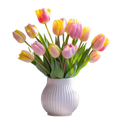 Wall Mural - A delightful arrangement of pink and yellow tulips welcomes the arrival of spring in a vase placed on the table against a crisp transparent background This Easter themed setting offers ample space 