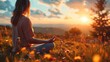 Young woman meditating in nature at sunset, Nature calm scene