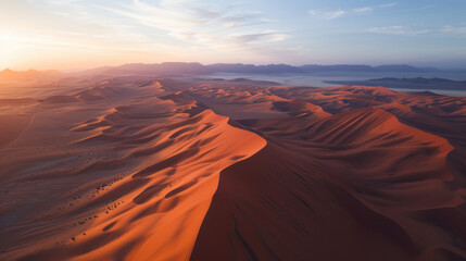 Wall Mural - Colorful sunset over majestic sand dunes, vast desert aerial landscape with mountains in the background