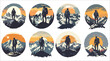 © Creative_Design - Silhouettes of people hiking in mountains, Hiking Circular Logo, Hiking icon, Silhouette of a man with a backpack in the mountains