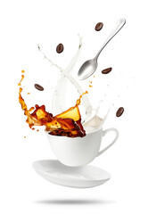 Wall Mural - Coffee with milk splashing in cup and falling roasted beans on white background