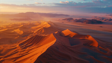 Sticker - Colorful sunset over majestic sand dunes, vast desert aerial landscape with mountains in the background