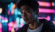 white glowing neon lights on asian handsome guy in dark background from Generative AI