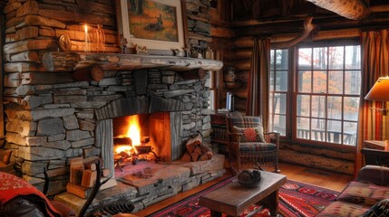 Wall Mural - Cozy cabin with a stone fireplace  AI generated illustration