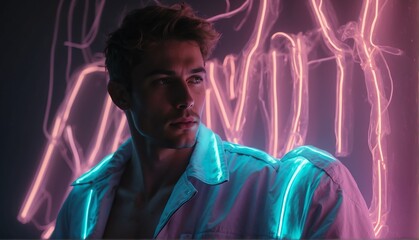 Wall Mural - white glowing neon lights on handsome guy in dark background from Generative AI