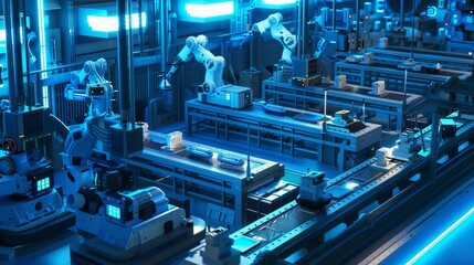 Create a cute 3D scene of a futuristic robot factory  AI generated illustration