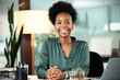 © peopleimages.com - African woman, portrait and office with smile, proud and confidence for career goals. Creative writer, professional news editor and expert reporter for content creation, publishing and press startup