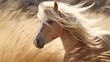 A beautiful palomino horse with long flowing mane running through a field of golden wheat.