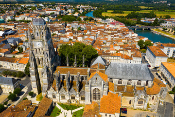 Wall Mural - Aerial view of the city of Saintes and Saint Peters Basilica. France