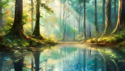 Wall Mural - An early morning in a dense forest with a small, clear pond mirroring tall, majestic trees.