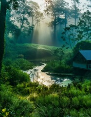 Wall Mural -  Imagine an early morning in a dense forest. The waters of a small, clear pond perfectly