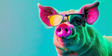 Fototapeta  - a pig wearing sunglasses with vibrant colors against a teal background, generative AI