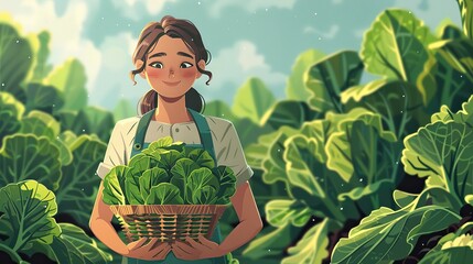 Wall Mural - animation of a girl is holding in her hand a basket of organic lettuce near a vegetable farm with lettuce, in an apron in a vegetable farm with lettuce