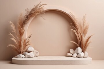 minimal scenic stone arch frame natural stone podium with dried plants and flowers decoration