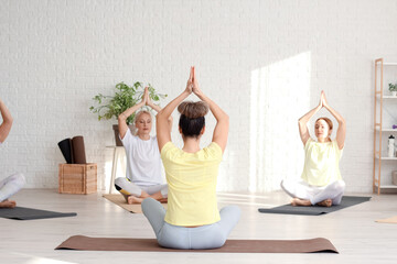 Sticker - Group of mature women meditating in gym, back view