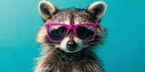 Fototapeta  - a raccoon wearing sunglasses with vibrant colors against a teal background, generative AI